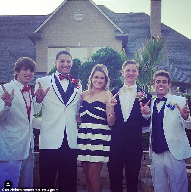 Mahomes was partying in Las Vegas for his longtime friend Brennan McDaniel's bachelor party (far right)