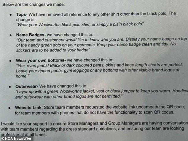 The leaked Woolworths dress code memo.  Image: 7News