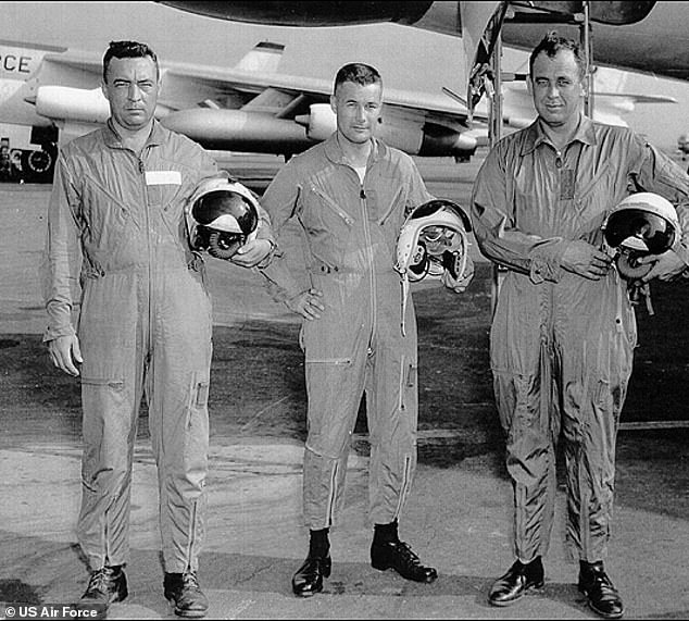 B-47 aircrew, from left to right, Major Howard Richardson, Lieutenant Bob Lagerstrom and Captain Leland Woolard