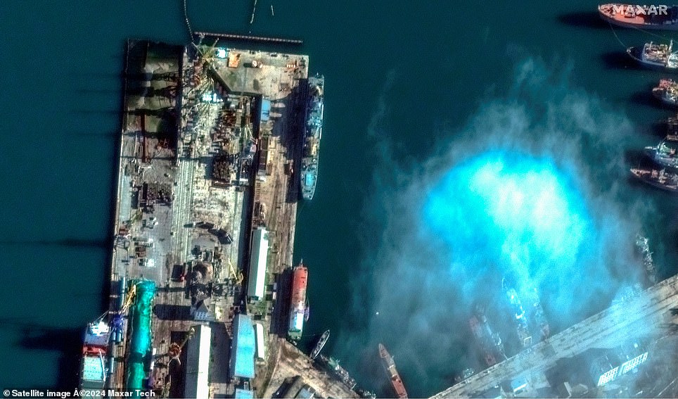 A Roucha landing ship, before an attack, in Feodosia harbor on December 5, 2023