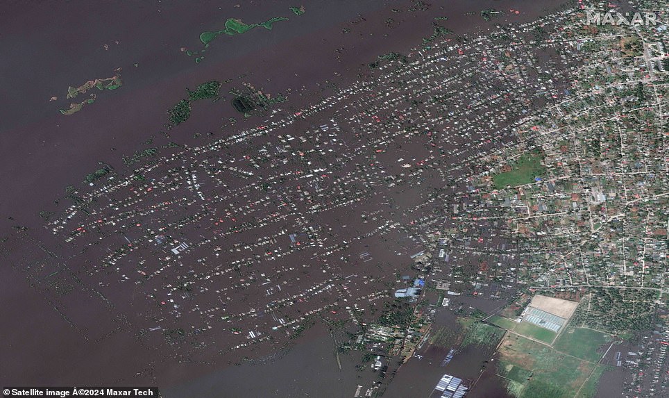 Oleshky with flooding on June 7, 2023, after the collapse of the Nova Kakhovka dam, amid the Russian military invasion of Ukraine