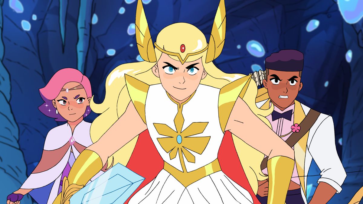 Glimmer, Adora and Bow prepare for battle in She-ra