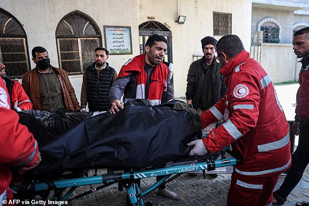 Medics transport a body to al-Najjar hospital in Rafah after an Israeli airstrike in the Rafah refugee camp