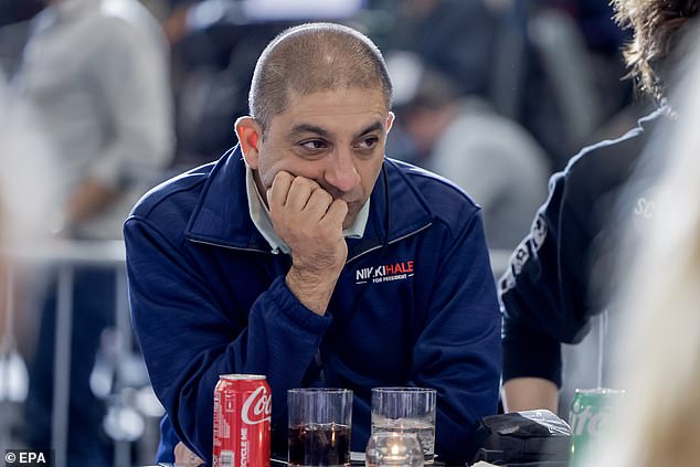 Nikki Haley supporter Jamil N. Jaffer reacts after Donald Trump was quickly declared the winner of South Carolina's Republican primary during the former governor's campaign event in Charleston on Saturday evening