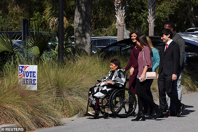 Nikki Haley heads to her polling place on Kiawah Island, South Carolina, on Saturday with mother Raj, son Nalin, daughter Rena and her son-in-law Joshua, as she braces for a possible loss to former President Donald Trump in her home state