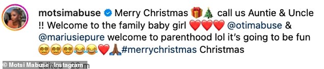 Saying, 'Merry Christmas, call us Aunt and Uncle!!  Welcome to the family, baby girl @otimabuse & @mariusiepure, welcome to parenthood, lol, it's going to be fun'