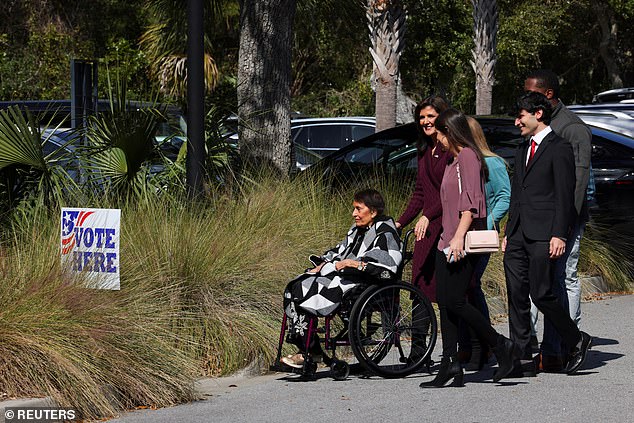 Nikki Haley heads to her polling place on Kiawah Island, South Carolina, on Saturday with mother Raj, son Nalin, daughter Rena and her son-in-law Joshua, as she braces for a possible loss to former President Donald Trump in her home state