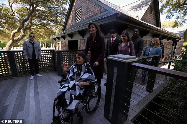 Republican presidential candidate Nikki Haley arrives with her mother Raj, son Nalin, daughter Rena and Rena's husband Joshua to cast their votes in the Republican presidential primary in South Carolina