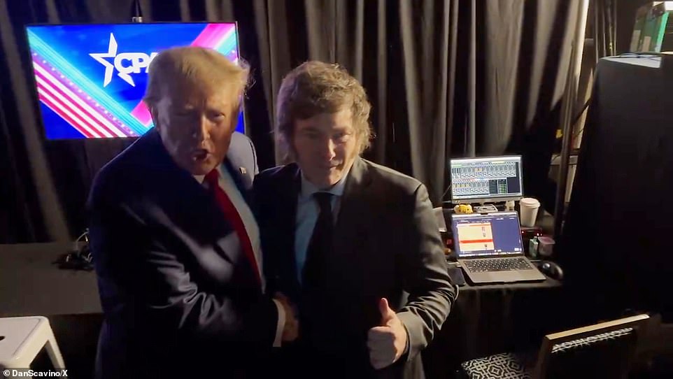 Trump was backstage at CPAC when he met Milei, who took office in December after running a Trump-inspired campaign, complete with red 