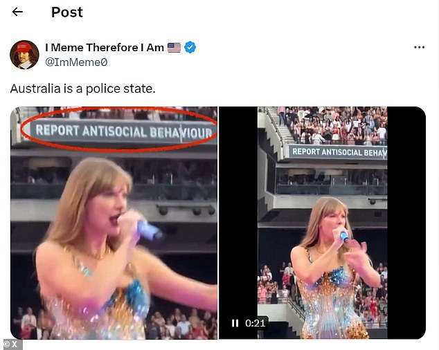 A clip of Taylor performing on stage with the message in the background sparked outrage on the social media site over the weekend.  “Australia is a police state,” wrote an American X user
