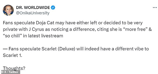 Another account shared speculation that Doja Cat had ended her relationship with Cyrus or 