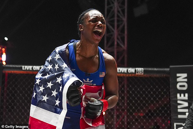 Claressa Shields celebrates after beating Kelsey De Santis on Saturday in Riyadh