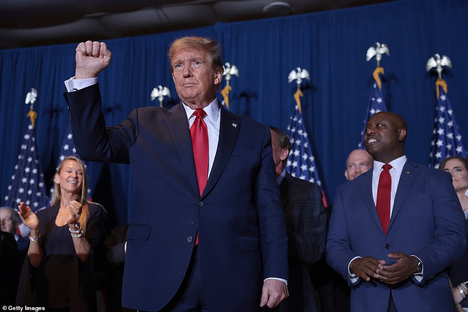 Trump's victory speech from Columbia, South Carolina began at 7:02 p.m. and did not include any mention of his remaining competitor as the former president shifted his strategy from the primaries to November's general election.  Trump said November 5, 2024 will be the 