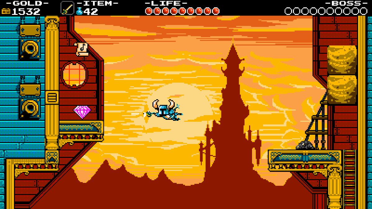 Shovel Knight shoots through the air at a gem in a screenshot of Shovel Knight