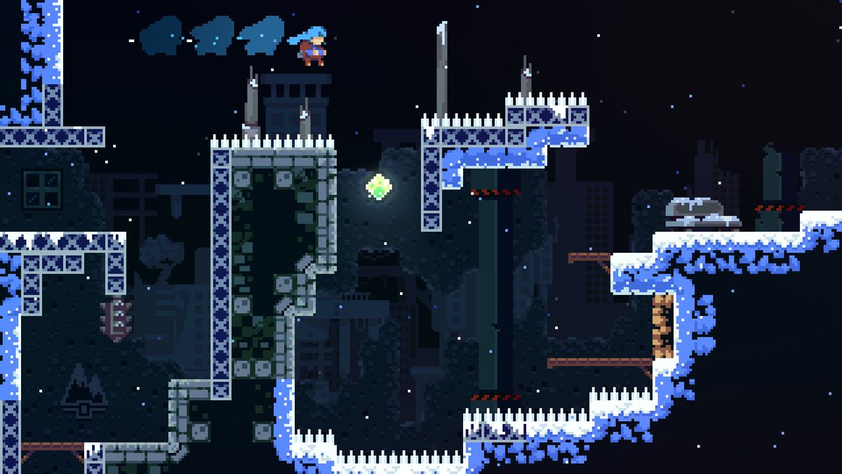 Madeline flies over a spiked platform in a screenshot of Celeste