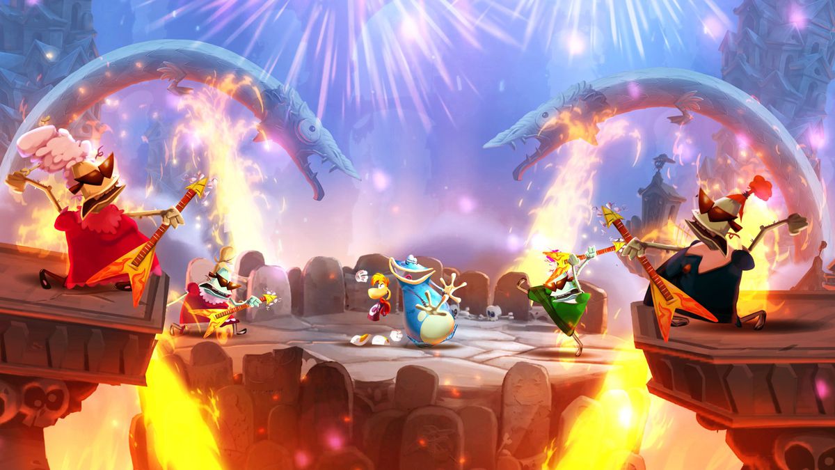 Rayman and Globox pose on a stone platform as a quartet of flying V guitar-playing rocks around them in a screenshot from Rayman Legends