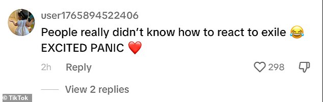 'People really didn't know how to react to exile.  EXCITED PANIC,” a third fan said, adding the crying emoji and a red heart