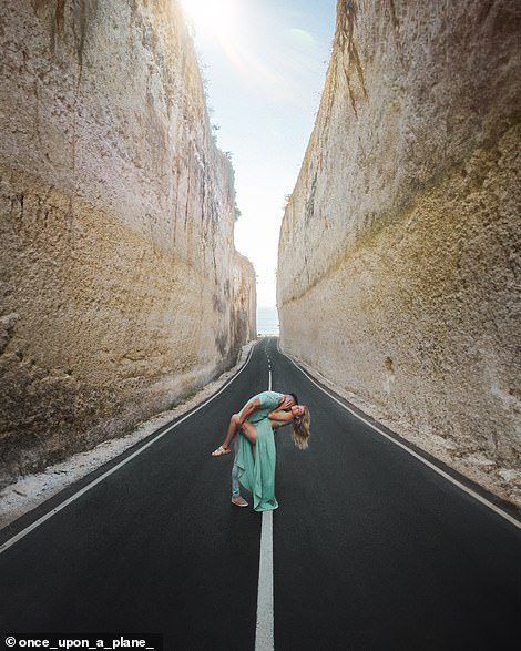 The dramatic cliff-lined road to Bali's Pantai Batu Barak Beach forms the backdrop to this photo