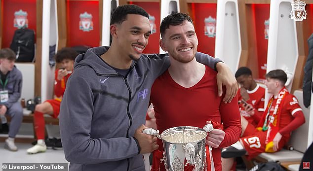 After missing the match due to injury, Trent-Alexander Arnold posed with Andy Robertson after the win