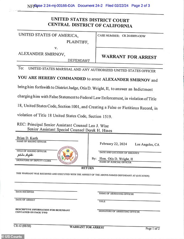 After Smirnov was released on bail by a federal judge in Las Vegas, another judge in Los Angeles ordered him arrested.  He is now due to appear in court on Monday