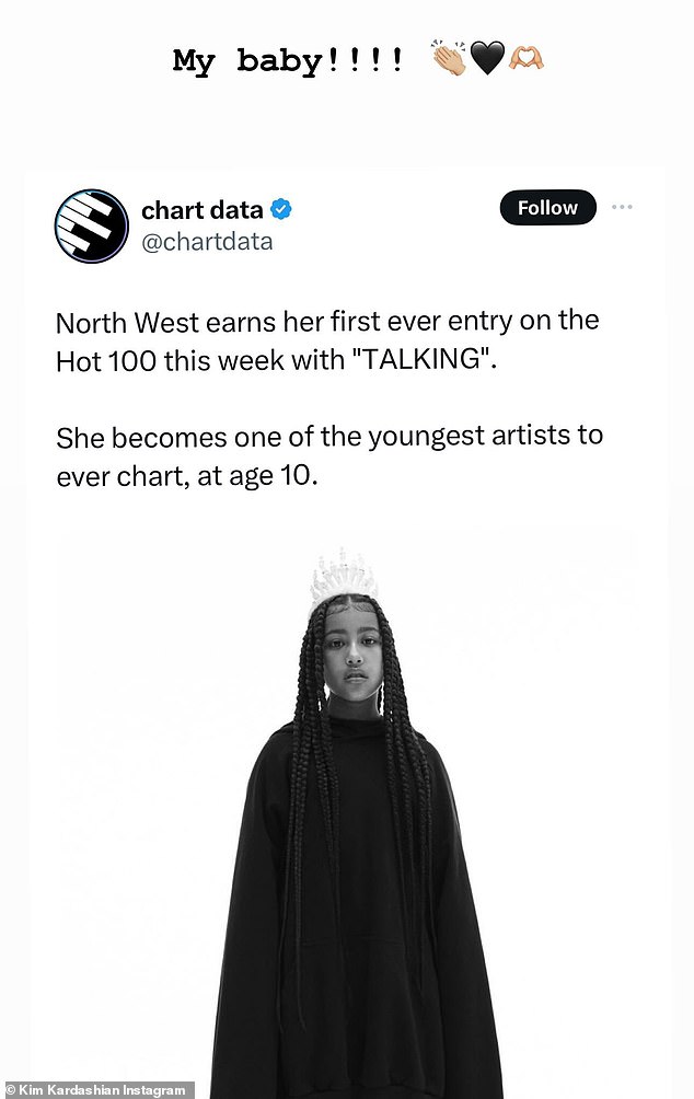 Kim shared a post to her Instagram Stories on Wednesday, praising daughter North for being one of the youngest music artists to hit Billboard's Hot 100.