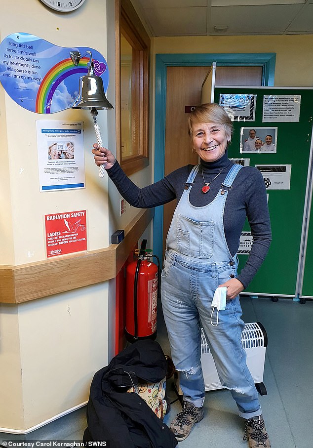 Ms Kernaghan underwent surgery to remove the remainder of the tumor and was declared cancer-free in October 2021.  When she was told she was cancer-free, she rang the doorbell (pictured) and cried.