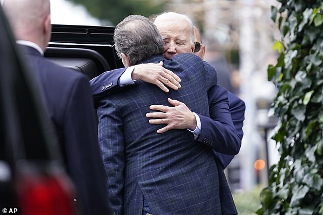 President Biden has privately said he worries the daily attacks could take a toll on his family and even cause his son to relapse.  Pictured: Joe and Hunter Biden embrace after the first son's birthday dinner at The Ivy in Los Angeles, California on February 4, 2024