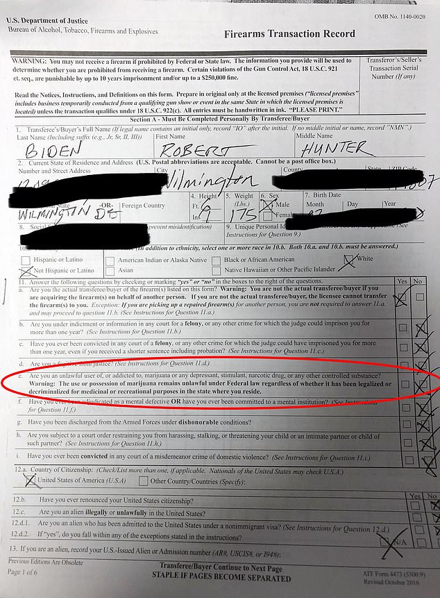 Hunter said on a firearms report (above) required for his gun transaction that he was not a user of illegal drugs — but a timeline in his book details his use of crack cocaine during the purchase.  A photo of the form shows him answering 