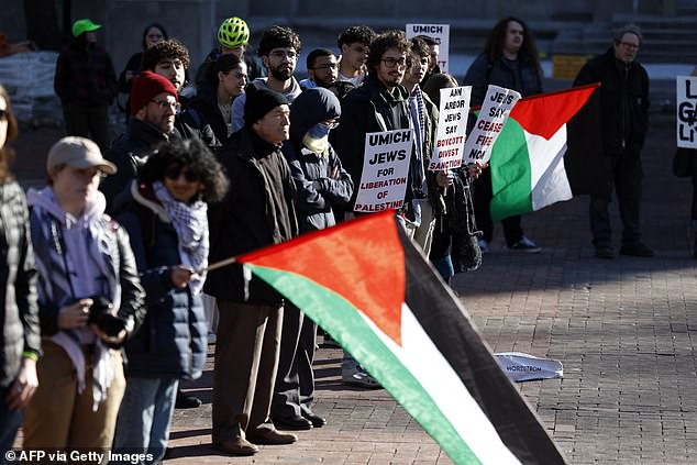 Protesters gather at the University of Michigan on February 20 against Biden's support for Israel and demand a ceasefire in the war between Israel and Hamas