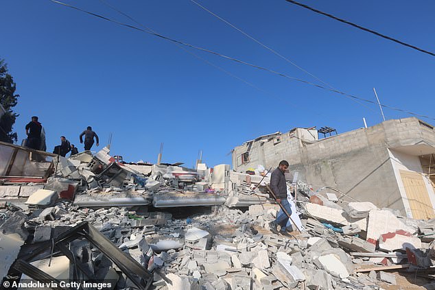 Search and rescue operations in the rubble of a collapsed building after an Israeli attack on Khan Yunis, Gaza on February 26