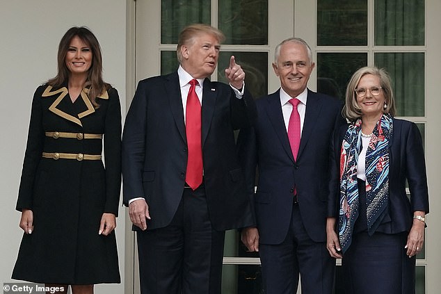 The two leaders had a turbulent relationship during their time in power.  In the photo, US President Donald Trump (2nd from left) and First Lady Melania Trump (L) welcome Australian Prime Minister Malcolm Turnbull (3rd from left) and his wife Lucy Turnbull (R)