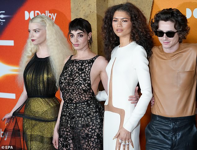 Anya with her Dune: Part Two co-stars.  From left to right: Souheila Yacoub, Zendaya and Timothee Chalamet