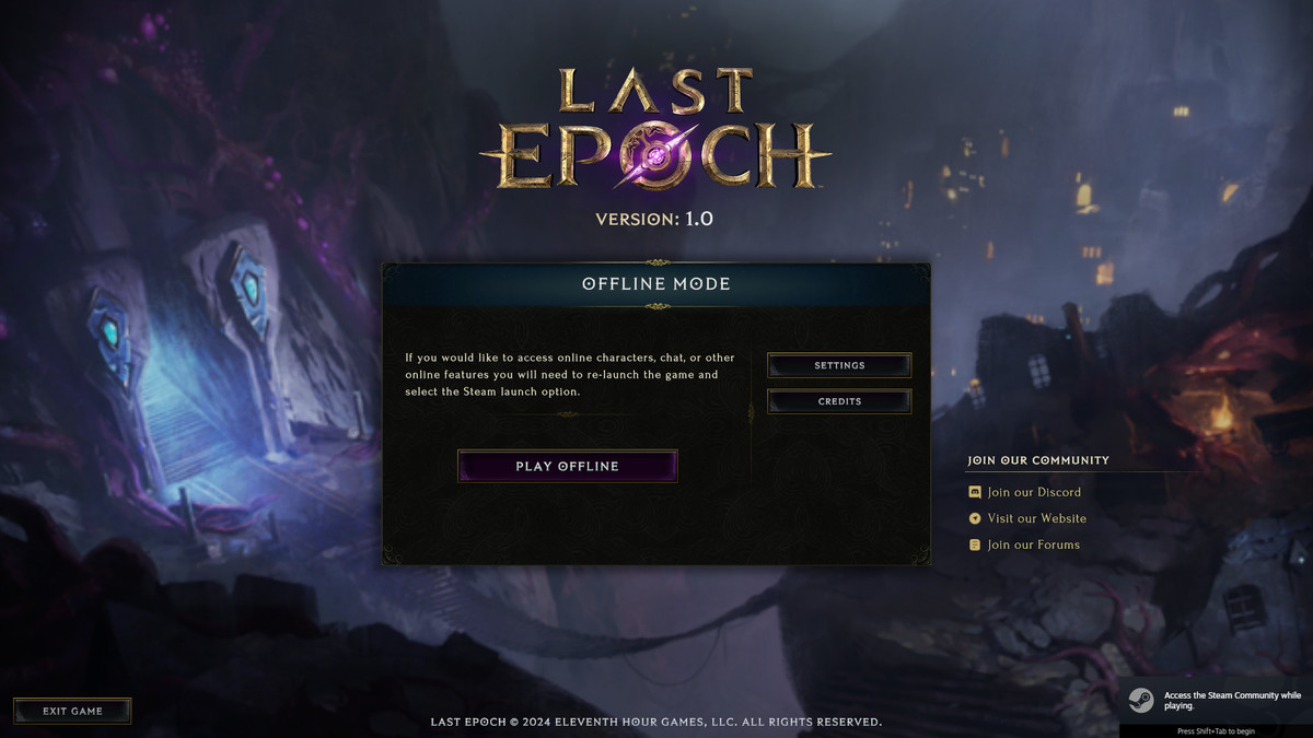 The offline mode screen for Last Epoch