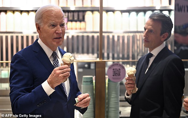 President Joe Biden (left) answered questions about a possible ceasefire in Gaza and his trip to a Texas border town Thursday while eating ice cream with Seth Meyers (right) in New York City