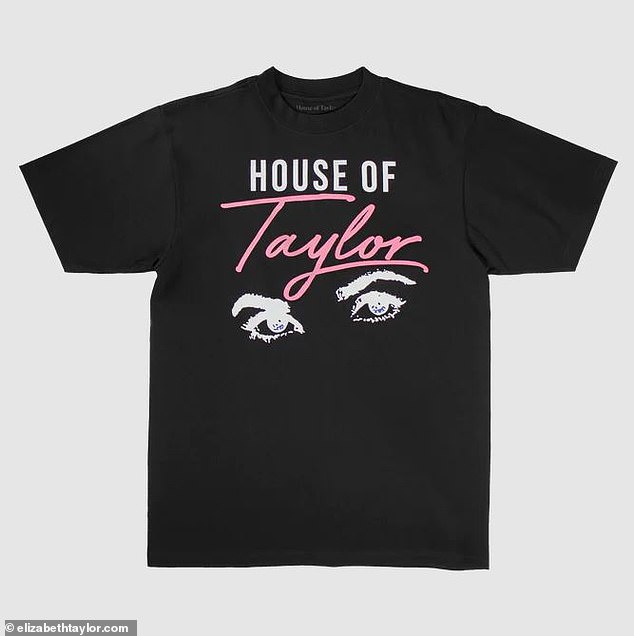 The first two t-shirt designs are called the 'Violet Eyes' and feature an artistic rendering of her iconic eyes above a House of Taylor logo, with one shirt in black and the other in white