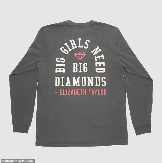 The long-sleeved T-shirt has a red heart with a white T in it on the front, and on the back one of her iconic quotes: 'Big girls need big diamonds'