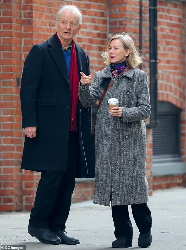 The 73-year-old actor stood out in a bright red scarf while shooting outdoor scenes with 55-year-old Naomi, who wore a large gray coat