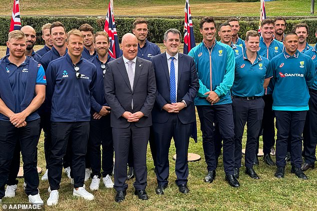 Khawaja (second from right) said Luxon (front row, third from left) made the comment during a meeting of the Australian and New Zealand cricket teams on Monday (pictured)