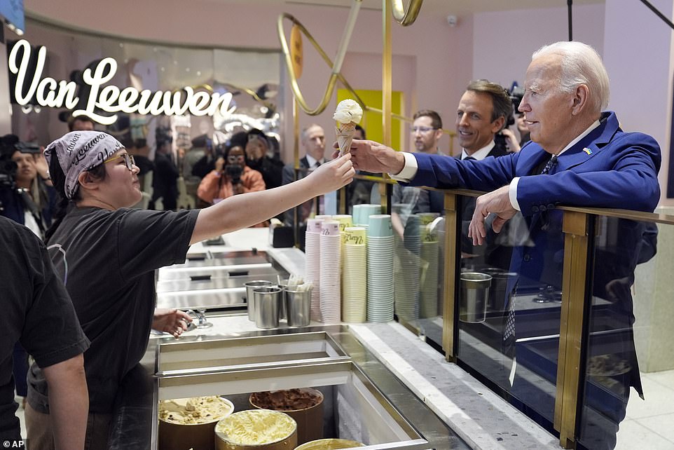 As part of the filming, Biden and Meyers went next door to the Van Leeuwen ice cream shop.  He chose a mint chocolate chip cone