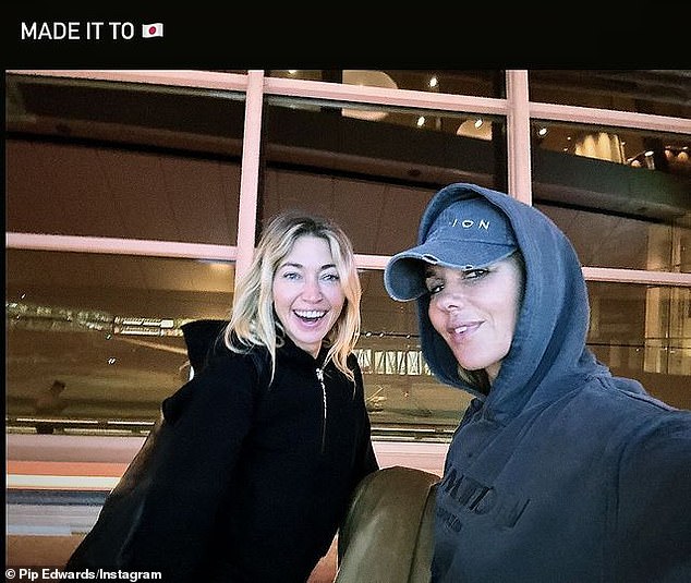 The PE Nation founder, 43, shared several photos on Instagram as she arrived in Tokyo with girlfriend Milly Gattegno (left)