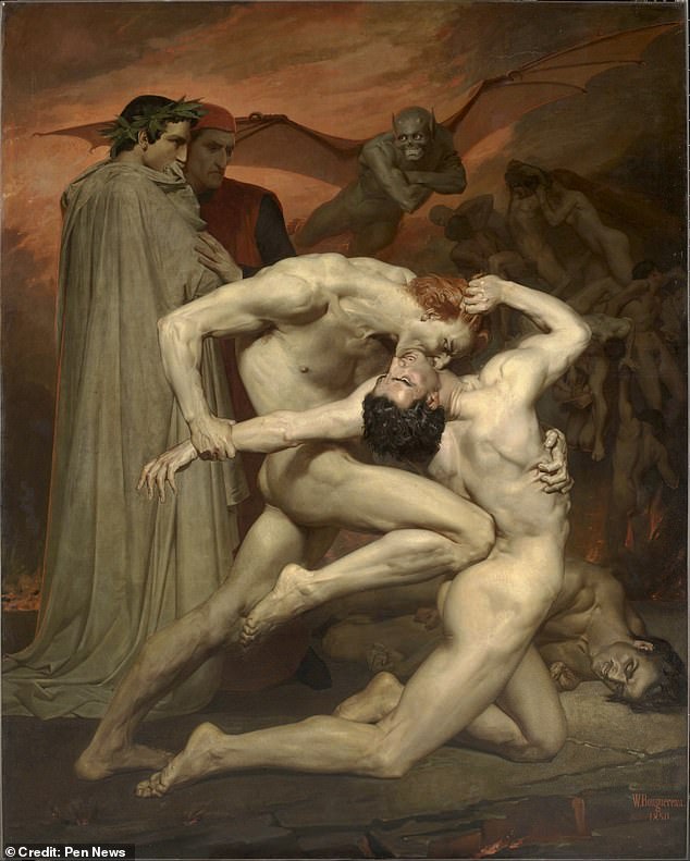 This photo shows an 1850 image of Dante (seen wearing a red hood) visiting Hell, by William-Adolphe Bouguereau