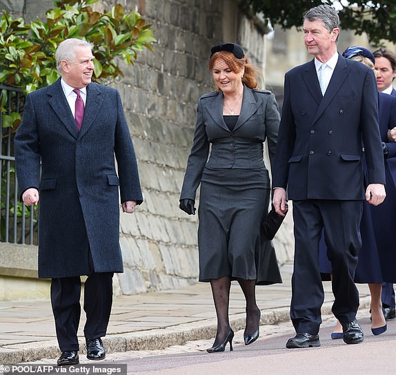 Britain's Prince Andrew, Duke of York (L) and Sarah, Duchess of York (C), and Vice Admiral Timothy Laurence arrive for a service of thanksgiving for the life of King Constantine of the Hellenes, at St George's Chapel at Windsor Castle in February 27, 2024. (Photo by Chris Jackson/POOL/AFP) (Photo by CHRIS JACKSON/POOL/AFP via Getty Images)
