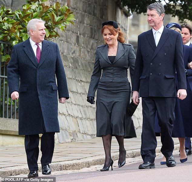 Dressed in a black fascinator and gray outfit, the mother-of-two (pictured alongside Andrew and Vice Admiral Timothy Laurence) wore a pair of elegant earrings and opted for a touch of glamorous make-up