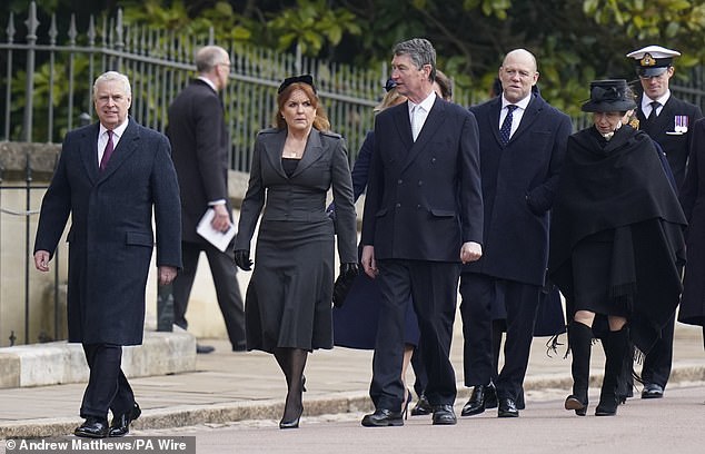 Members of the Royal Family, (from left to right) Duke of York and Sarah, Duchess of York, Vice Admiral Sir Timothy Laurence, Mike Tindall and the Princess Royal, attend a service of thanksgiving for the life of King Constantine