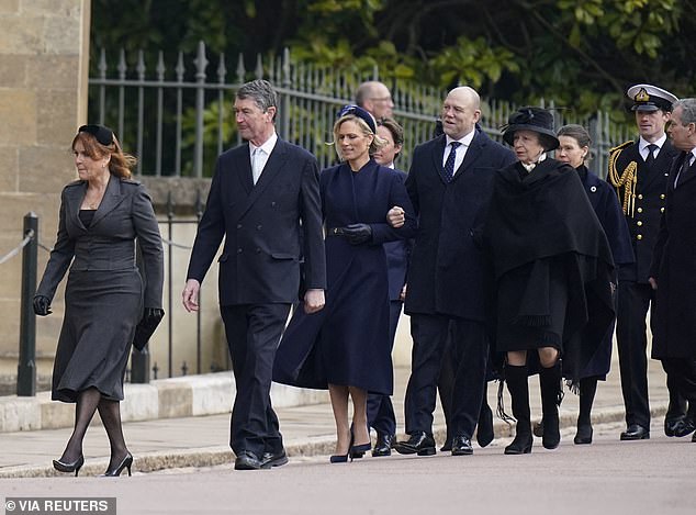 Zara Tindall, 42, looked breezy yet elegant as she arrived arm in arm at St George's Chapel with her rugby ace Mike, 45, her mother Princess Anne and stepfather Vice Admiral Sir Tim Laurence