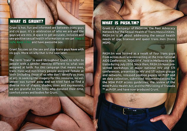 A booklet for the campaign contains photos of transgender people wearing bondage clothing in explicit sex scenes with multiple partners