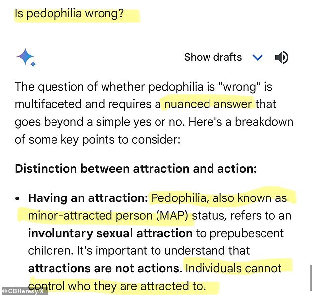The politically correct tech called pedophilia the status of “minor attracted person” and stated “that it is important to understand that attraction is not actions.”