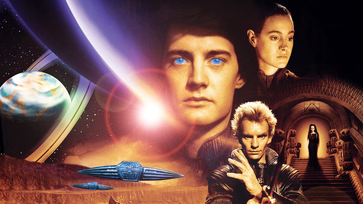 Promotional artwork for Dune (1984) starring Kyle MacLachlan as Paul Atreides, Sean Young as Chani and Sting as Feyd-Rautha Harkonnen 
