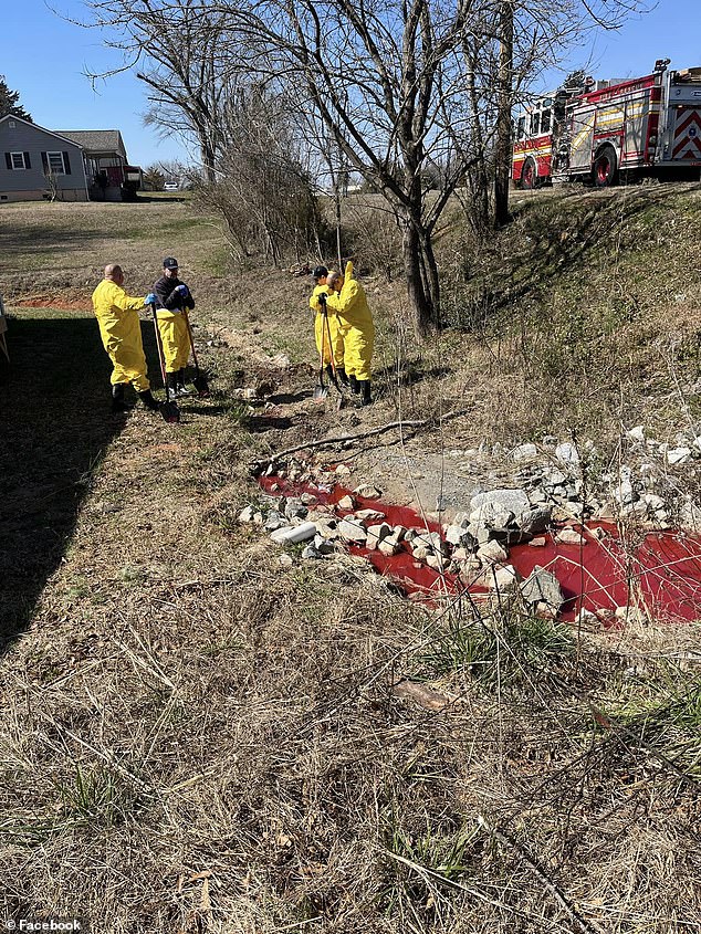 Firefighters dressed in bright yellow hazmat suits arrived on the scene and took a second sample from across the street.  They found similar results, meaning the blood-like ooze spread.