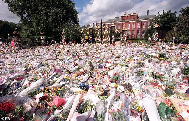 Flowers left outside the gates of Kensington Palace in London following the death of Diana, Princess of Wales